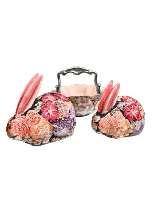Other - Floral Ceramic Bunny Rabbit Figurines Bowl Set Of 3 SACHET F Atkins Inc Vintage